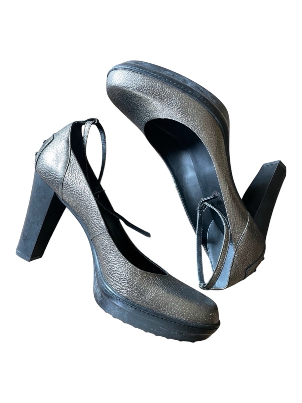 TOD'S Aspen décolleté D Cuoio Metallic Pewter Leather Platform Heels SZ …